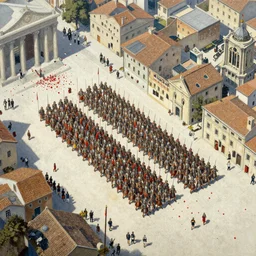 A mixed media portrait painting of Roman legions assembled in a military parade formation in the center of the city, isometric aerial view, crimson petals fall on the parade, by Frank Frazetta, Boris Vallejo, Greg Rutkowski, Beeple, Yoko Taro, Christian MacNevin, epic fantasy character art, roman numerals, high fantasy, CGsociety, full length, exquisite detail, post-processing, masterpiece, cinematic, Rome backdrop