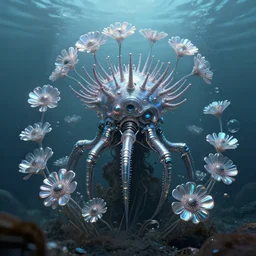 detailed digital biopunk biomechanical cnidarian in retrofuturistic iridium flowers, underwater scene, thalassophobia, cinematic lighting, 8 k, artgerm, wlop, rutkowski, carne griffiths, ayami kojima, feng zhu, trending cgsociety deviantart, minimalism