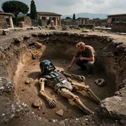 Archaeologist uncovering a fossilized Darth Vader in a pit in Pompeii