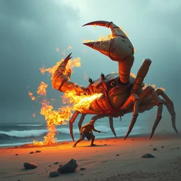 jovanotti fighting a giant flaming enemy crab on a beach
