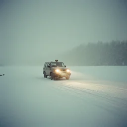 photo of ge dash 9 is in the distance with a bright headlight. cold color temperature, snow storm. hazy atmosphere. humidity haze. kodak ektachrome, greenish expired film, award winning, low contrast,