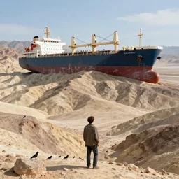 absolutely gigantic cargo ship run aground on top of death valley mountains, birds for scale. jasmin habezai - fekri, anton fadeev, tony zhou shuo, greg rutkowski, unreal engine 5
