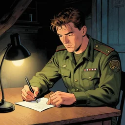 color comics art illustration by jose maria jorge in the style of commando comics ; matt damon as an american sergeant writing a letter under a table lamp at night, in a cabin in france, full portrait, year 1 9 4 2 in france, insanely detailed and intricate, world war 2, vibrant colors dramatic light, big caring eyes, detailed