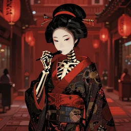 skeleton geisha in the red district, Tending on artstation, concept art, dark colors, 8k