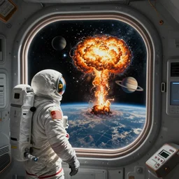 spaceman looking out of a spaceship window, watching two planets explode from a distance. art by picasso