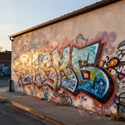 hyperrealistic rendering graffiti bombing on very beautiful wall on the street, professional foto, 3 5 mm, sunset, cinematic lighting
