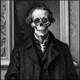 portrait of a spooky man wearing round glasses, standing outside a window, skeletal, black and white, painting by gustave dore