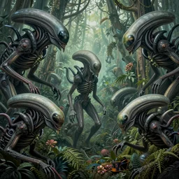 a surreal and awe - inspiring rainforest scene with colony of xenomorph aliens, intricate, elegant, highly detailed matte painting by ernst haeckel and simon stalenhag