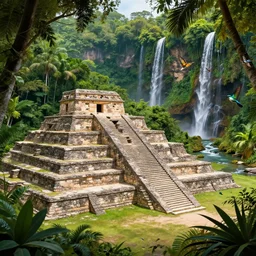 aztec ruins of el dorado in the exotic tropical jungle, waterfalls and lush vegetation, small river stream in the background, humingbirds and butterflys, concept art, matte painting, 4k , clean post process, film still, style by raphael lacoste, eddie mendoza, alex ross
