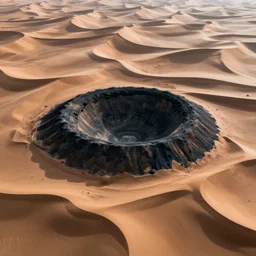 landscape photo of a round black crater in a desert surrounded by sand dunes that resemble an iris, drone photo