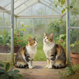 two cats at a greenhouse in Ancient Greek | painting by Greg Rutkowski | trending on artstation | 8k | HD