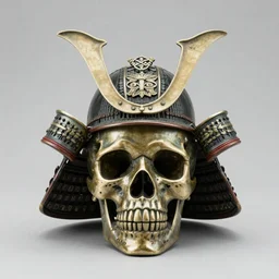 skull with a samurai hat old bronze statue, intricate detail, full shot, museum lighting