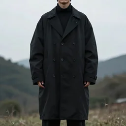 character with wearing black clothes against a backdrop of nature, an oversize coat in the style of yohji, balenciaga, dark palette, by matt bors,