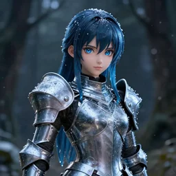 portrait focus of knight beautiful 3D anime girl, water armor wearing, dark forest background, snowing, bokeh, inspired by Masami Kurumada, digital painting, high contrast, unreal engine render, volumetric lighting, high détail
