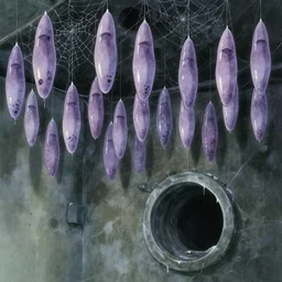 anime movie scene, mamoru oshii, otomo, ultra wide, vanishing point, cocoons hang from ceiling, watercolor, spiderwebs, arachnophobia, dripping, sewer pipe entrance, giant spider foreground, shelob, sun beam, dusty volumetric light, back lit, paper texture, spider nest, deserted shinjuku junk, brutalist, golden ratio