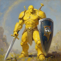 yellow human-sized warforged character with a paladin sword and a huge shield by Roger Dean, by Anton Fadeev, by albert bierstadt, magical realism, oil on canvas, soft render, octane, artstation
