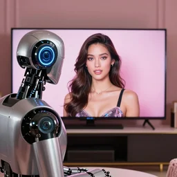 tv shows a victoria's secret model, in front of tv a silver robot is watching the tv and its head is partially morphed into the model, realistic, 4 k
