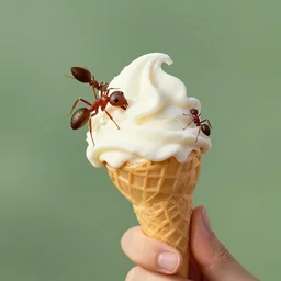 anamorphic ant eating an ice cream cone with ants on it
