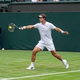 photorealistic art of a tennis player smashing the ball on center court at wimbledon, dynamic lighting, space atmosphere, hyperrealism, stunning visuals