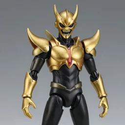 Photo of an Evil moon-face action figure, japanese action figure, horror, gold and black color scheme