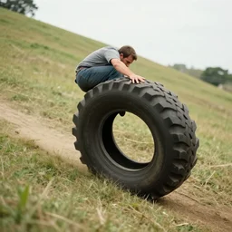 A man in a tire rolling down a hill, Realism, Realistic, 8K