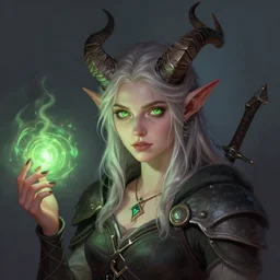 a digital painting of a aasimar with horns and green eyes, a character portrait by nina tryggvadottir, featured on deviantart, sots art, d & d, official art, concept art, young bard with music magic character design from witcher