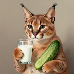 cute caracal holding glass of milk and salted cucumber. by rembrandt 1 6 6 7, illustration, by konstantin razumov
