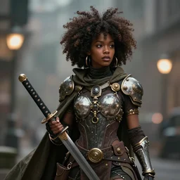 beautiful steampunk african girl with a large afro holding samurai sword. wearing cloak, tight futuristic armor, artgerm, trending on artstation, character concept art, bokeh