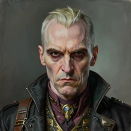 portrait painting of a scowling dieselpunk ralph fiennes as voldemort having flat nose, sharp focus, award - winning, trending on artstation, masterpiece, highly detailed, intricate. art by josan gonzales and moebius and deathburger