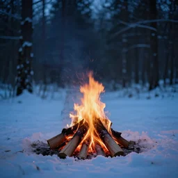 a campfire is sitting in a frozen forest at night, clear focus, bokeh effect, high res, hasselblad, 4 k, iso 1 0 0, shutter speed 1 2 5, aperture f / 8, dslr, professional, cinematic, award winning