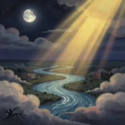editorial illustration by karolis strautniekas and mads berg, cloud melting into rivers, moon, stars, colorful, fine texture, detailed, muted colors, film noir, dramatic lighting, dynamic composition, vivid, matte print, wide angle, ( ( sunbeams ) ), moody, extreme perspective
