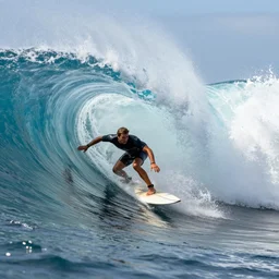 side view of a surfer is in the tube of a very large wave. highly detailed, professional high quality 4 k render tight action shot heart pounding dramatic lighting