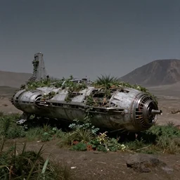 an old ancient crashed spaceship, overgrown with plants, on a desolate mountain planet, 1 9 8 0 s film still, screenshot from a sci - fi movie, ridley scott, annihilation,