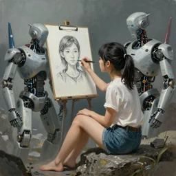 An epic fantastic realism comic book style painting of a beautiful girl sitting on a rock looking at a robot drawing her portrait, robotics, short pigtails hair, asian girl, cyberpunk, Concept world Art, ultrarealistic, hyperrealistic,  dynamic lighting by Paolo Eleuteri Serpieri