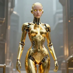 maria of metropolis, the golden humanoid robot, beautiful face, full length portrait, scifi, futuristic, raytracing, dreamy, yellow cyborg eyes, sharp focus, cinematic lighting, highly detailed, artstation, divine, by gauthier leblanc, kazuya takahashi, huifeng huang