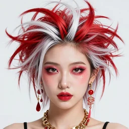 japanese model with maximalist hair style and makeup, bright colors, fashion model, unreal engine octane, red and white, portrait, gliter, depth of field, 8 k, hyper detailed, intricate, trending on artstation