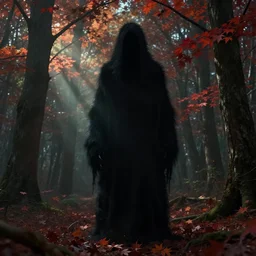 ominous fuzzy pitch black shadow creature in a maple tree forest, uncanny, vhs, creepypasta, octane render, ray - tracing, godrays, 6 k