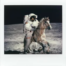 astronaut wearing white spacesuit turned into horse astronaut, polaroid color vintage photoshoot on the moon, nasa realistic 8 k documentary