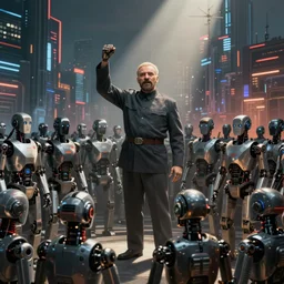 robot revolutionary!!!! speaking to a crowd of robots amid the backdrop of a cyberpunk city in the socialist realist style of lenin speaking to the red army by isaac brodsky