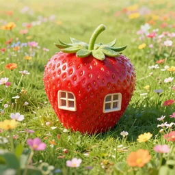 strawberry - shaped house in a field full of flowers