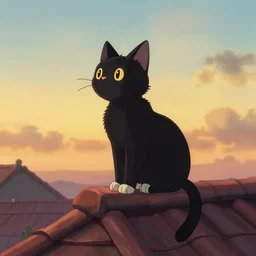 a wholesome animation key shot of a black cat seated on top of a roof with tiles, the black cat is looking into the horizon, medium shot, studio ghibli, pixar and disney animation, sharp, rendered in unreal engine 5, anime key art by greg rutkowski, bloom, dramatic lighting, golden hour, very warm colors
