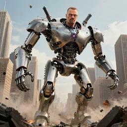 a huge mechanical walter white destroying nyc