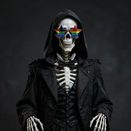 evil tall skinny death skeleton grim reaper wearing star shaped rainbow glasses in a tuxedo, illustration, 8k, ultra high definition, ultra realistic, extreme detail