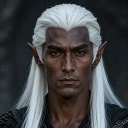 a portrait of a drow elf male, long length slick white hair, dark charcoal skin, relaxed eyebrows, handsome, smooth skin, young adult in with late twenties, raised eyebrows, pointed chin, charcoal color skin, style by donato giancola, wayne reynolds, jeff easley dramatic light, high detail, cinematic lighting, artstation, dungeons and dragons