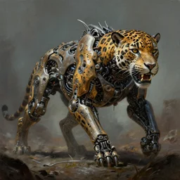 beautiful painting by jeremy mann, a mechanical jaguar creature of horizon forbidden west horizon zero dawn, hyperrealistic detailed illustration by artgerm and greg rutkowski, d & d, fantasy, ominous, unsettling, sharp focus, octopath traveler, unreal engine highly rendered, global illumination, dramatic lighting, 8 k