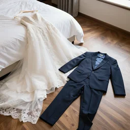 a bedroom floor with a wedding dress discarded in a heap and a suit on the floor