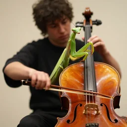 a praying mantis playing cello