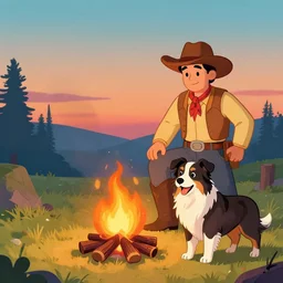 cartoon image of hillbilly at a bonfire with his australian shepherd