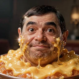 hyper realistic, close up portrait of a derpy mr. bean, big chungus covered in wet mac and cheese by greg rutkowski, scott m fischer, artgerm, loish, slight glow, atmospheric, anne stokes, alexandros pyromallis