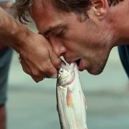 film still close up shot of brian blessed swallowing a fish whole